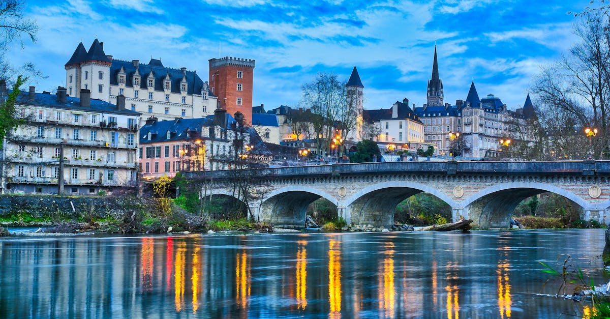captivating twilight scene of pau france featuring the iconic pau castle and serene river reflecti