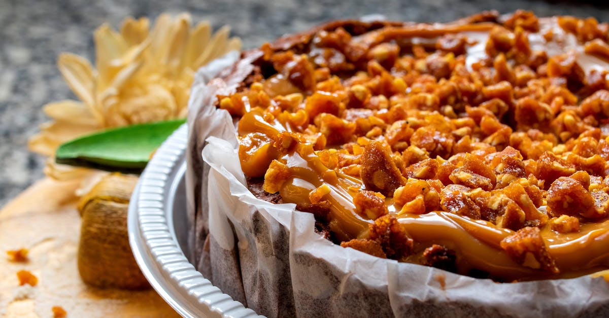 close up of a caramel nut crunch cake showcasing rich textures and colors enticing food photograph