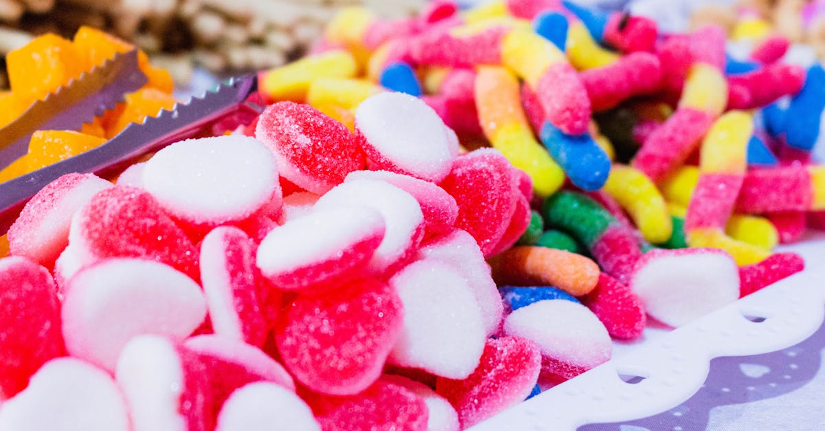 close up of a vibrant assortment of gummy candies displayed on a table