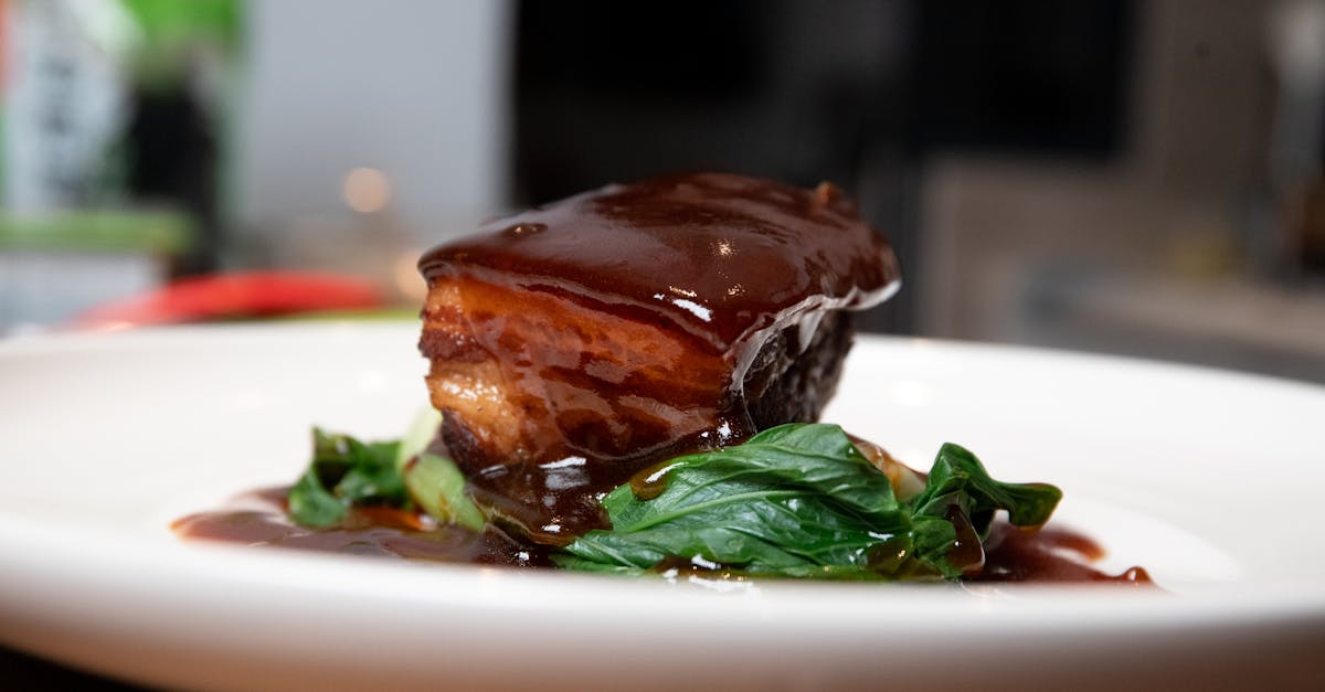close up of braised pork belly with sauce and greens on a ceramic plate