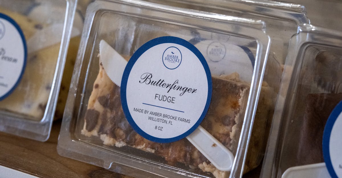 close up of butterfinger fudge in clear packaging with branding label from amber brooke farms willi