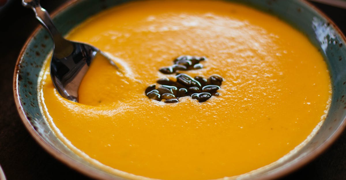 close up of creamy pumpkin soup with seeds in a blue ceramic bowl perfect for a warm fall meal 19