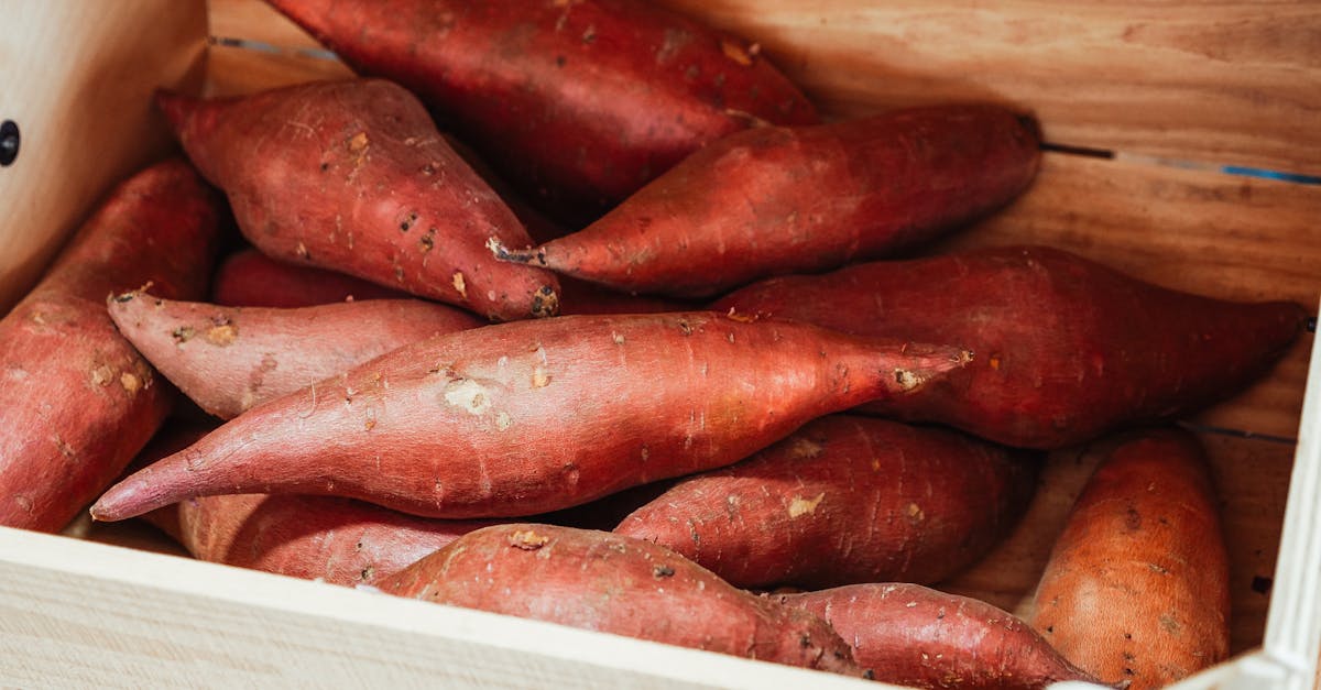 close up of fresh sweet potatoes in a wooden crate ideal for cooking