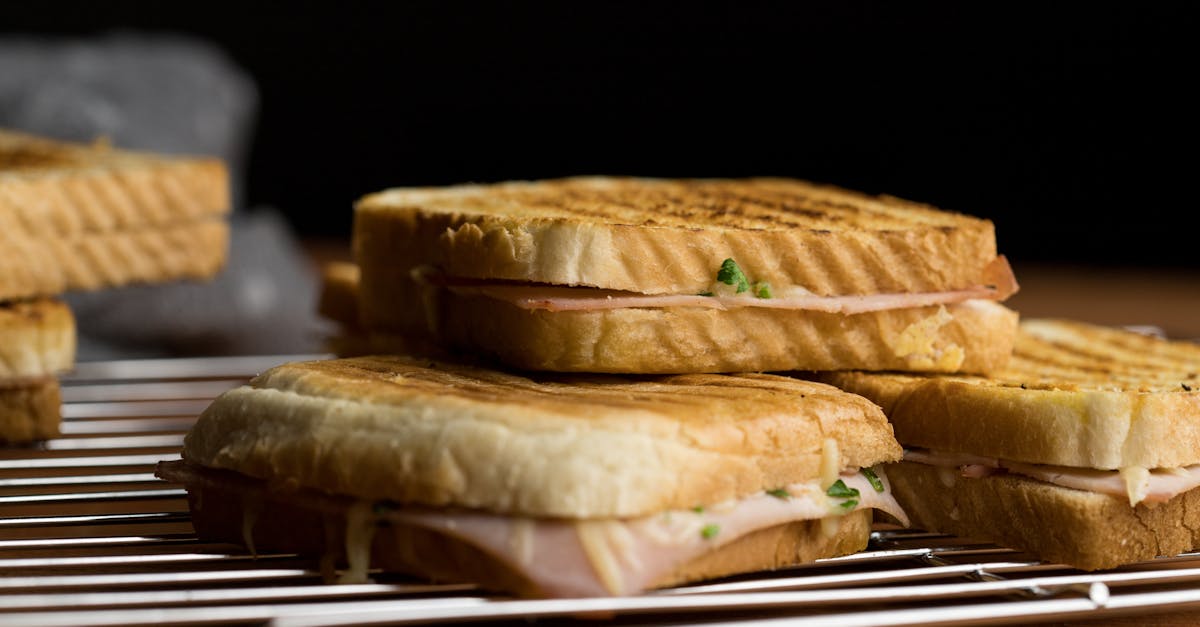 close up of freshly grilled sandwiches on a cooling rack showcasing toasted bread and filling