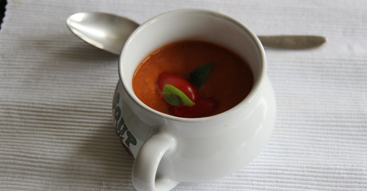 delicious creamy tomato soup served in a white cup with basil garnish and spoon