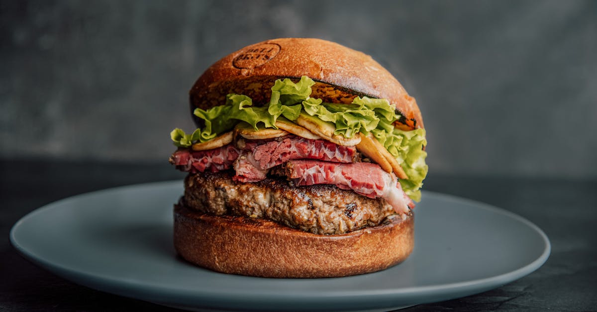 delicious gourmet burger with pastrami lettuce and cheese on a gray plate 2