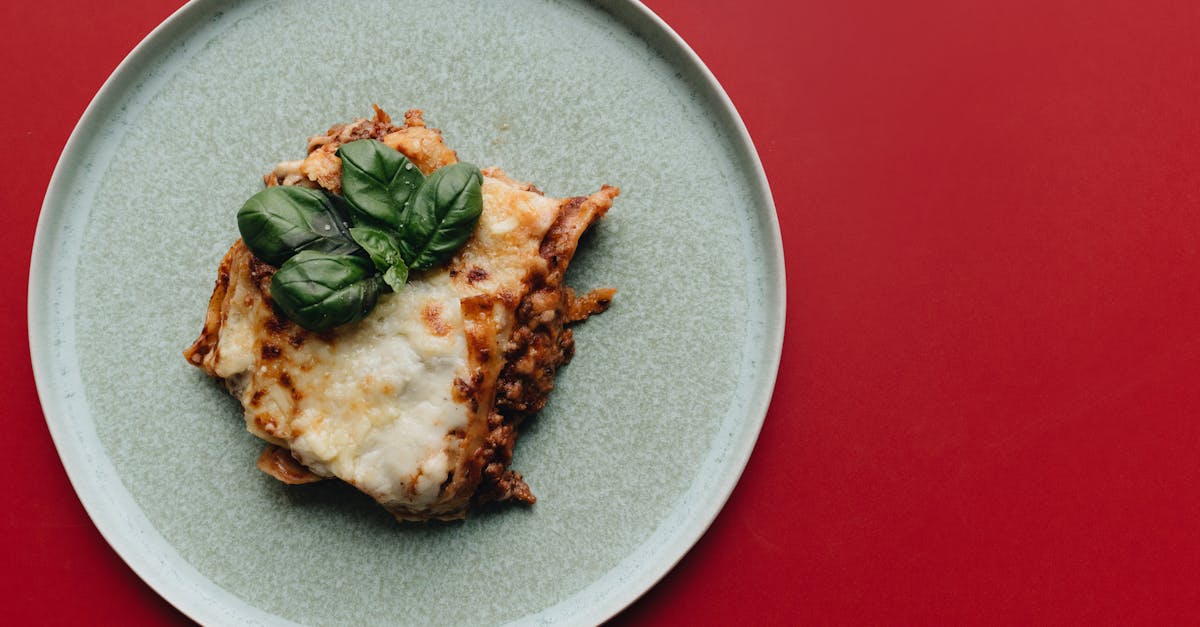 delicious italian lasagna topped with fresh basil served on a minimalist plate