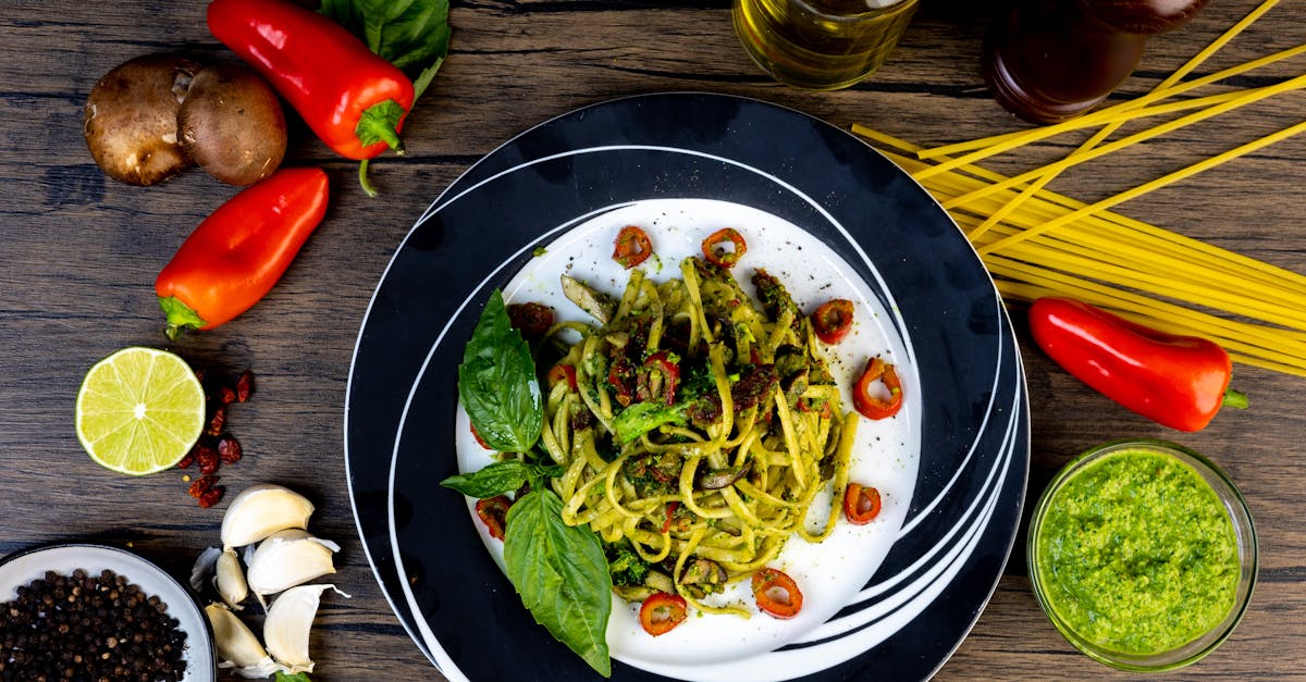 delicious pasta topped with vibrant pesto and fresh veggies perfect for gourmet dining