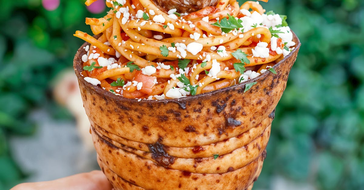 delicious plant based spaghetti served in a savory cone with vegan cheese and fresh herbs
