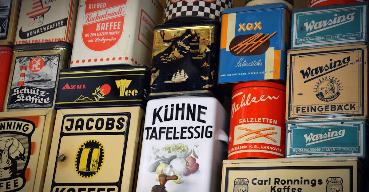 diverse vintage german coffee tins and other containers displayed on a shelf showcasing nostalgic pa