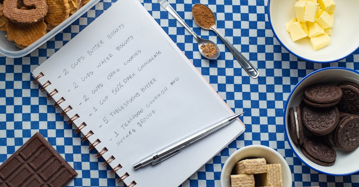 flat lay of dessert ingredients and recipe on a checkered tablecloth with cookies and chocolate 8