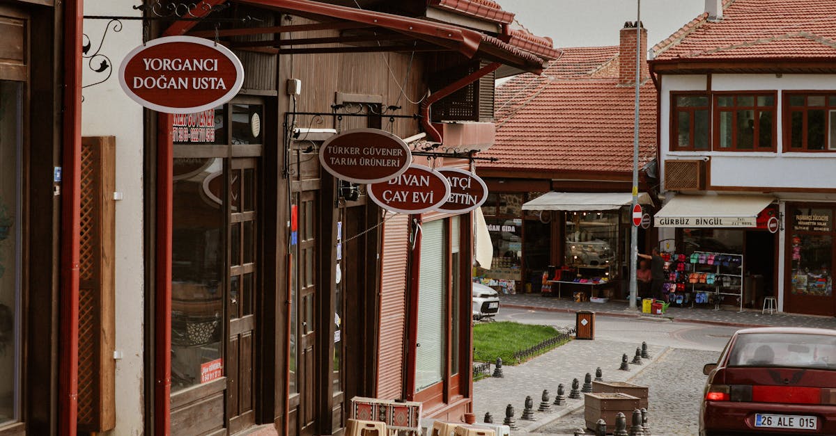 Home historic street scene featuring local shops with turkish signage and quaint architecture