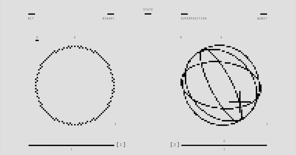 illustration depicting classical binary bit and quantum qubit states in superposition and binary