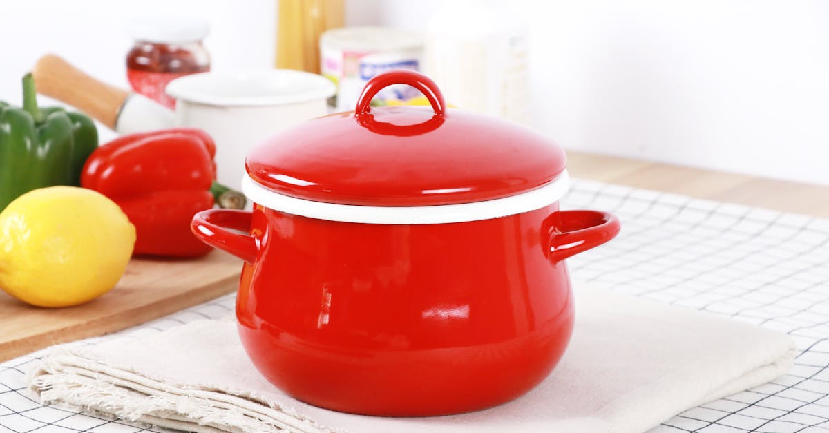 red saucepan with fresh vegetables and lemons on a kitchen counter