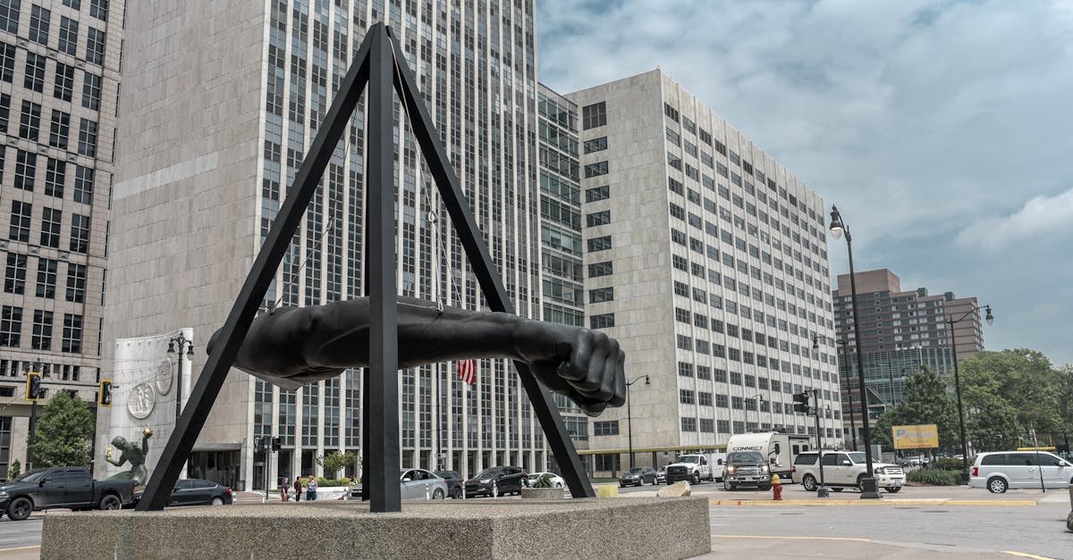 urban scene featuring the iconic joe louis fist in downtown detroit