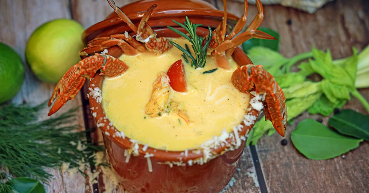 vibrant gourmet crab soup served in a rustic pot garnished with fresh herbs and vegetables 2