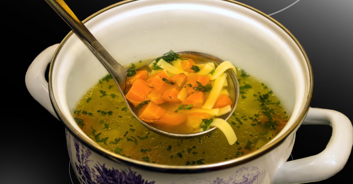 warm chicken noodle soup with vegetables served in a decorative ceramic pot perfect for a cozy wint